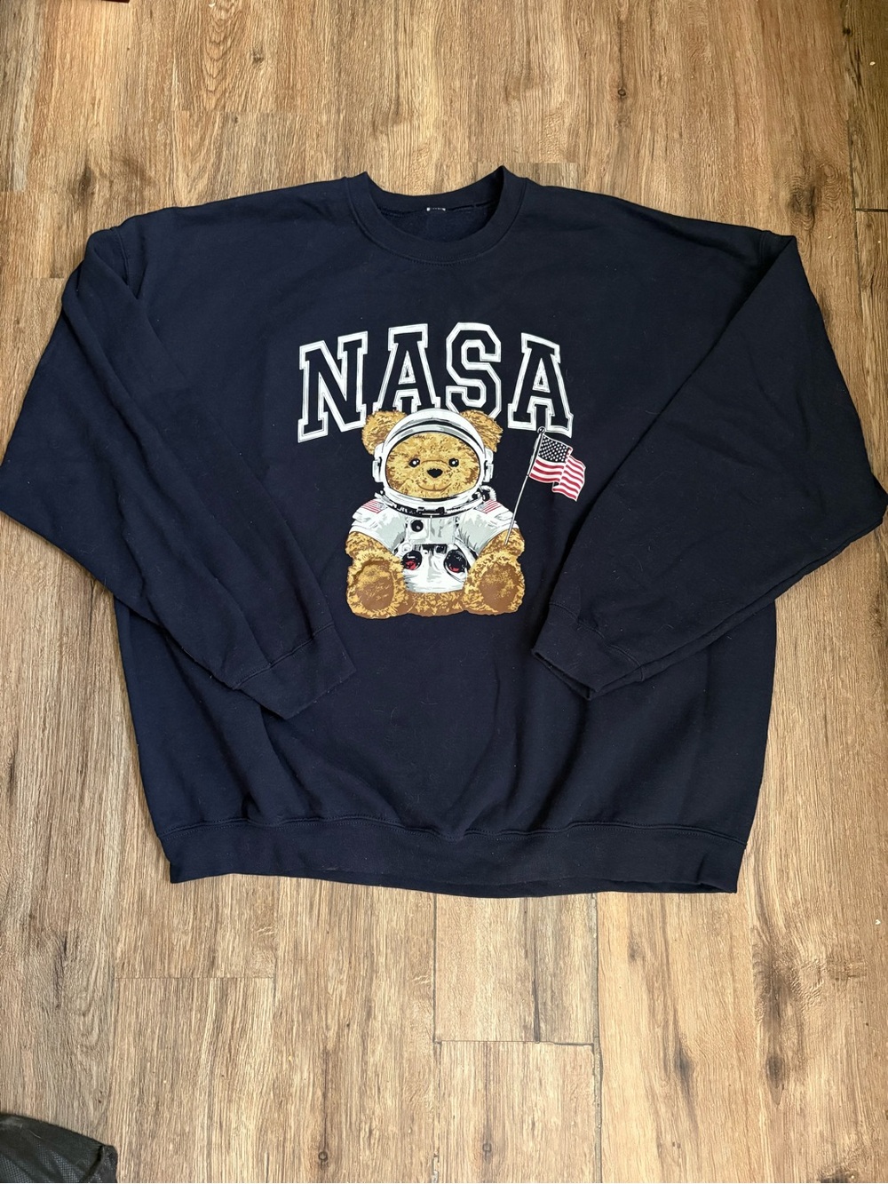 NASA Teddy Bear Astronaut Crewneck Pullover Sweatshirt Women’s XXL Navy Blue